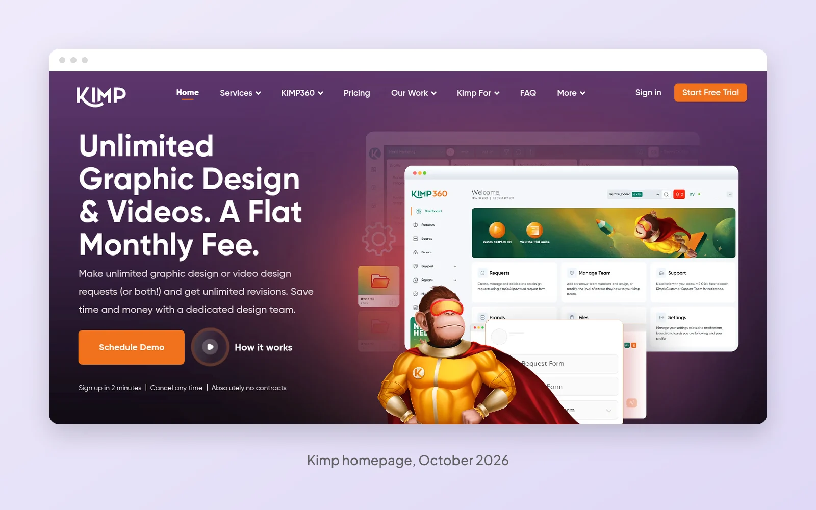 The Kimp homepage in October 2026, a purple hero reading Unlimited graphic design and videos, a flat monthly fee, beside the KIMP360 dashboard