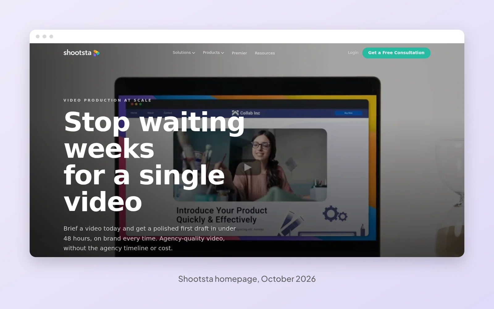 The Shootsta homepage in October 2026, a hero reading Stop waiting weeks for a single video over a laptop playing a product video