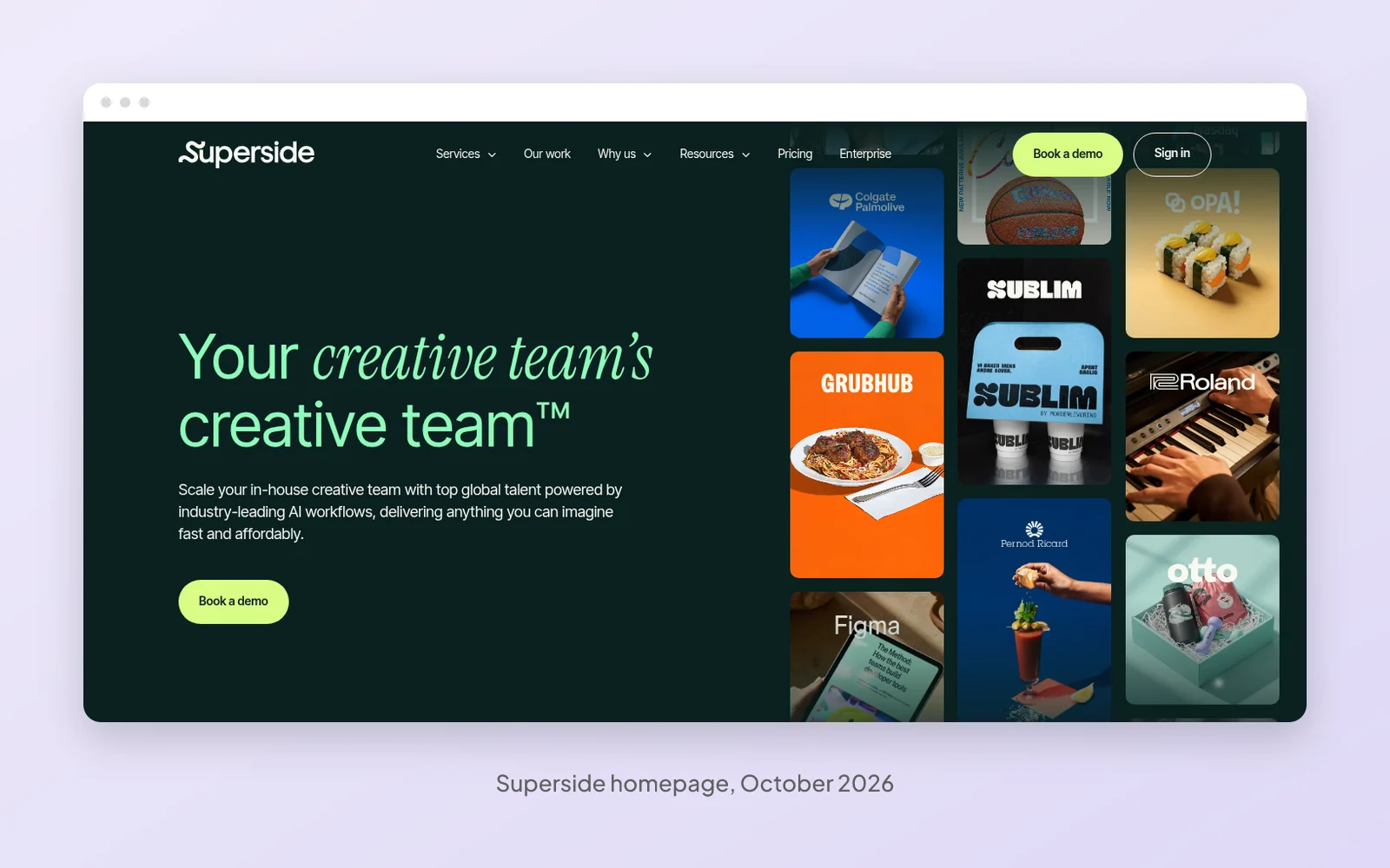 The Superside homepage in October 2026, a dark green hero reading Your creative team’s creative team beside a grid of client campaign work