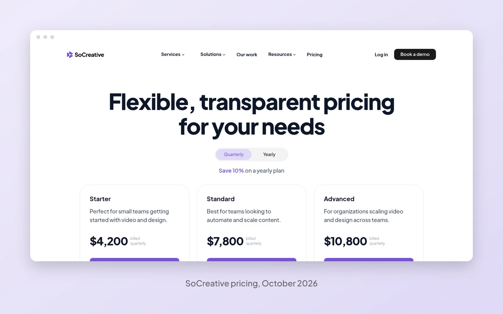 The SoCreative pricing page in October 2026, showing quarterly credit plans