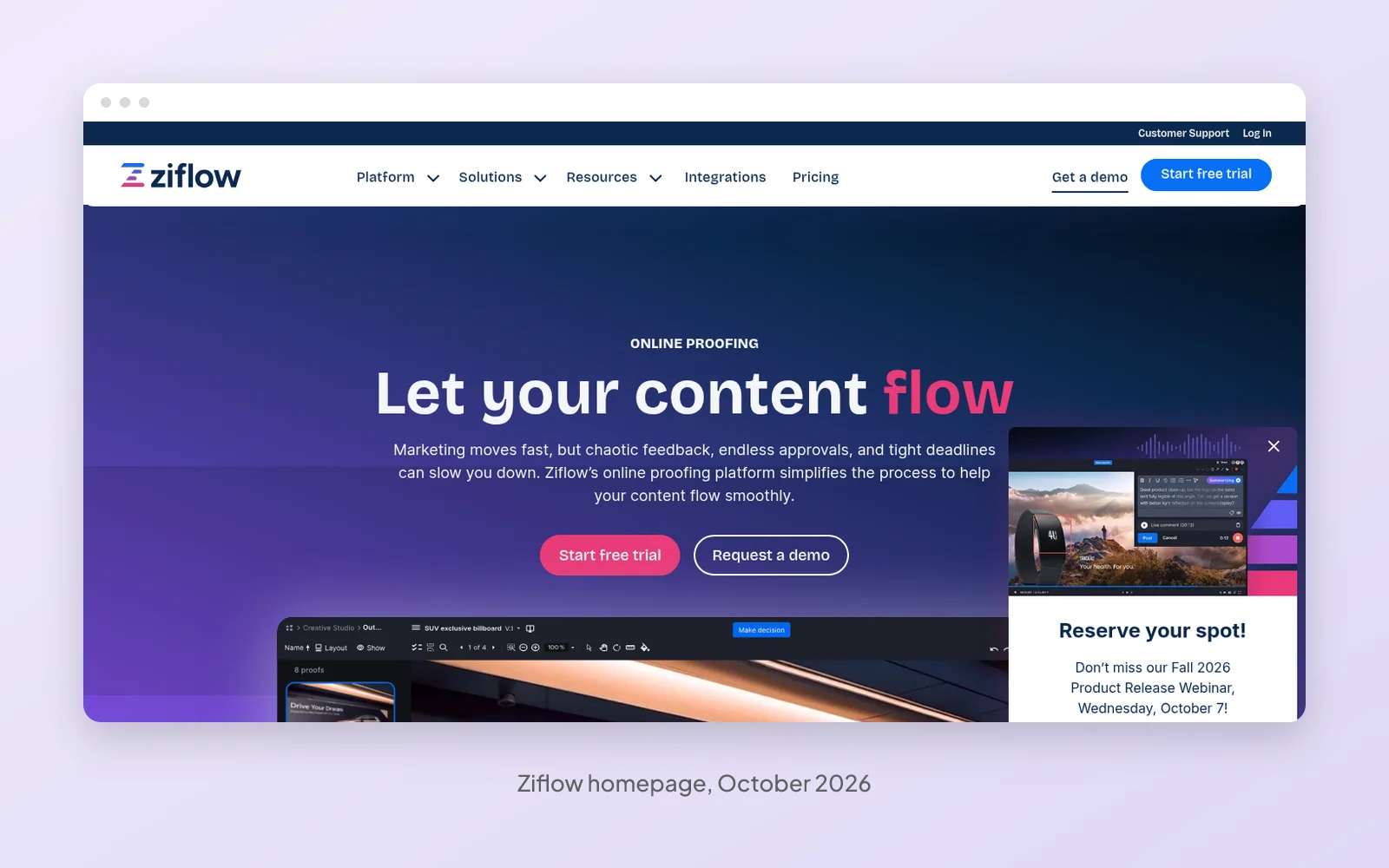 Ziflow homepage in October 2026, showing its online proofing and review product