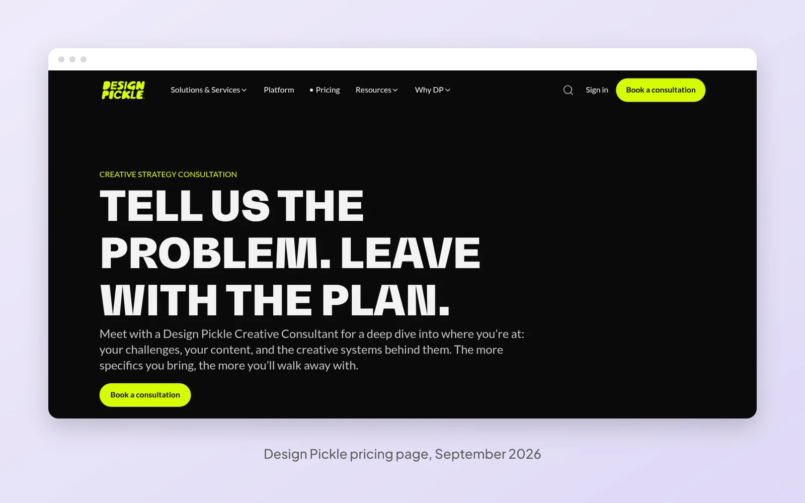 The Design Pickle pricing page in September 2026, which offers a consultation with a creative consultant instead of listing plan prices