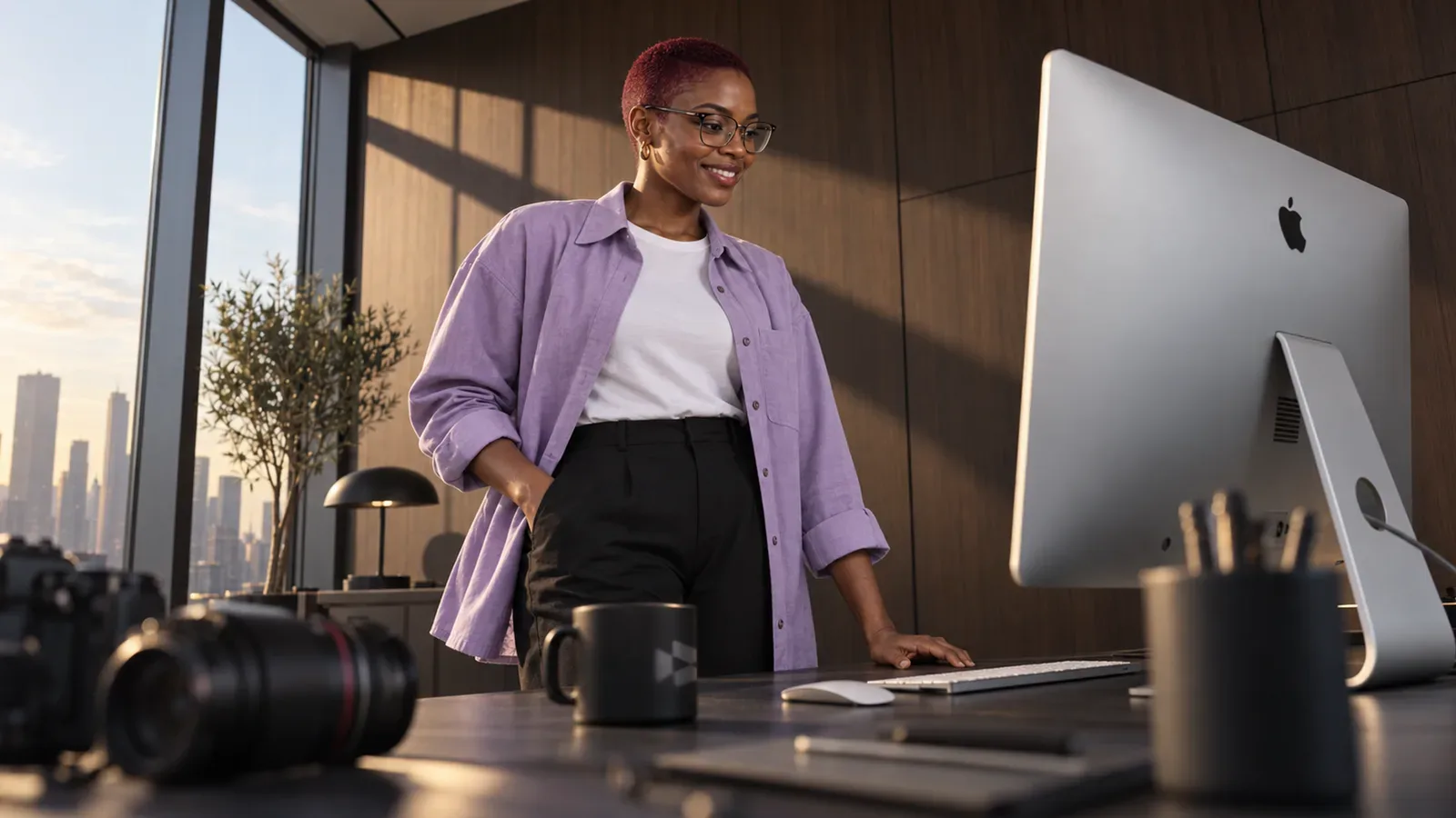 A person in a lilac shirt standing at a desk working on an iMac, with a camera on the desk and a city skyline through the window