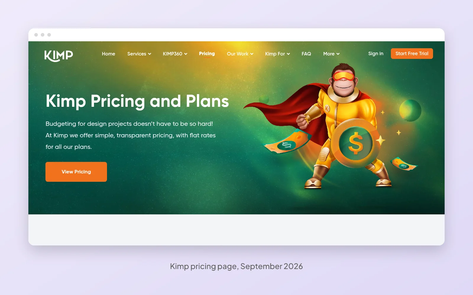 The Kimp pricing page in September 2026, headlined Kimp Pricing and Plans and promising flat rates on every plan