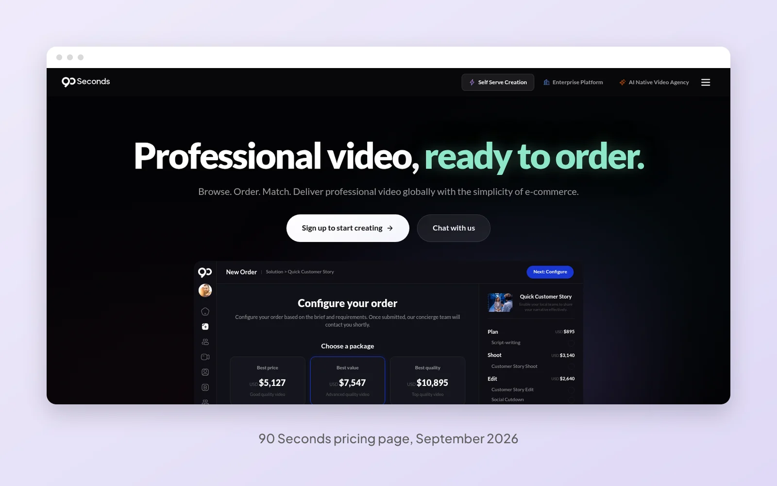 The 90 Seconds pricing page in September 2026, with self-serve customer story packages at $5,127, $7,547 and $10,895
