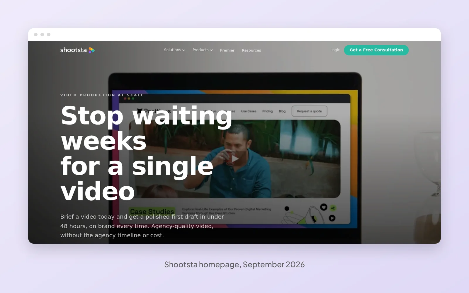 The Shootsta homepage in September 2026, headlined Stop waiting weeks for a single video and promising a polished first draft in under 48 hours