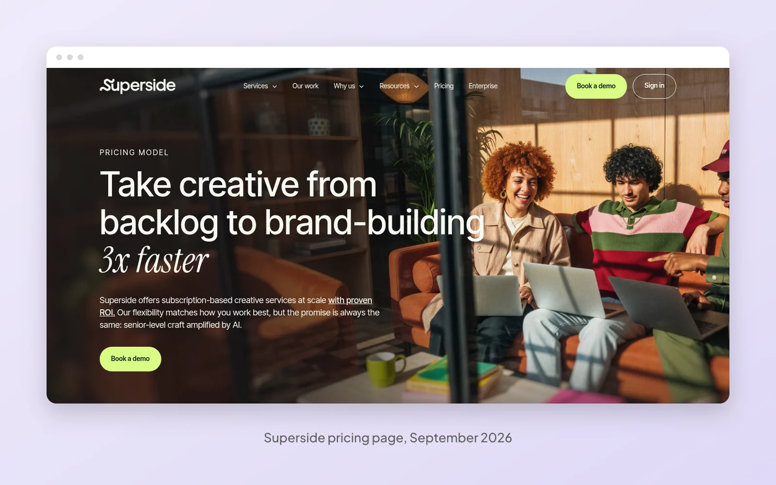 The Superside pricing page in September 2026, headlined Take creative from backlog to brand-building 3x faster